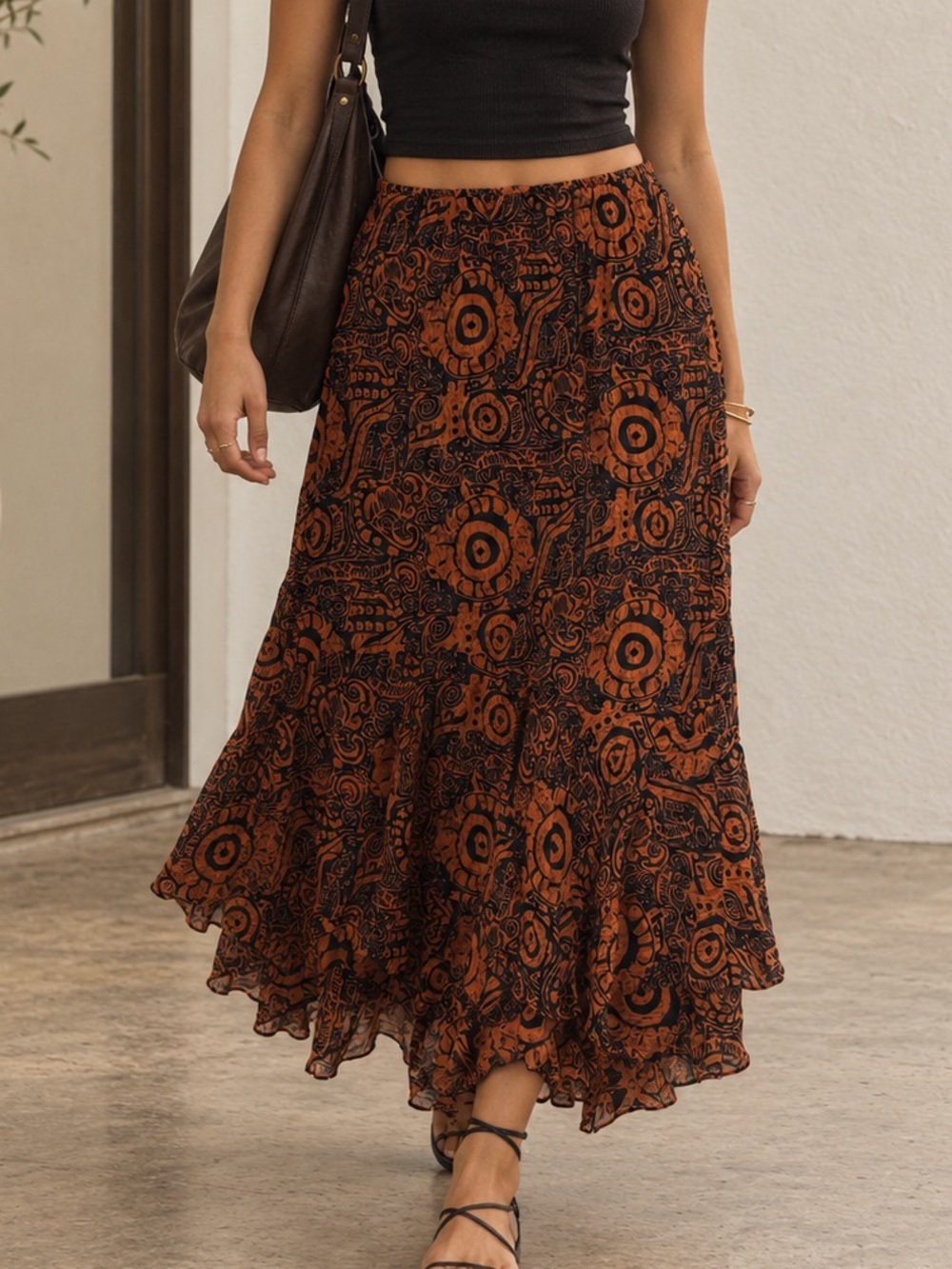 Chico's 100% Silk A-Line Midi Skirt Size 0 Aztec Mayan Native American Y2K